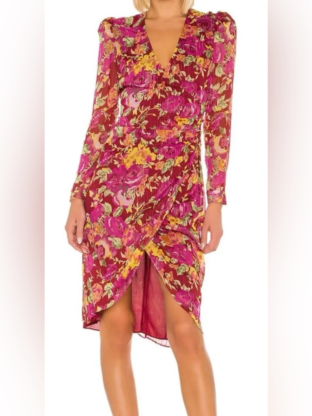LPA Floral Wrap Long-Sleeve Midi Dress in Burgundy and Pink
